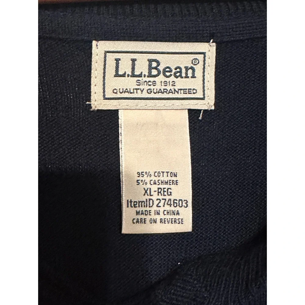LL Bean Mens XL Navy Blue Cotton Cashmere V-Neck Sweater work Casual layer